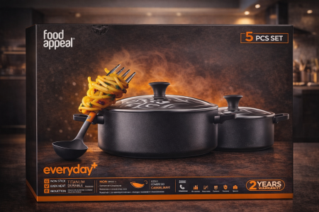 🍳 طقم Food Appeal Everyday+ (5 قطع) طقم عملي للاستخدام اليومي، طلاء غير لاصق متين، توزيع حرارة ممتاز ومناسب للاندكشن، مع تصميم أنيق ومقابض مريحة. اختيار مثالي لكل مطبخ 🔥 🛡️ ضمان سنتين